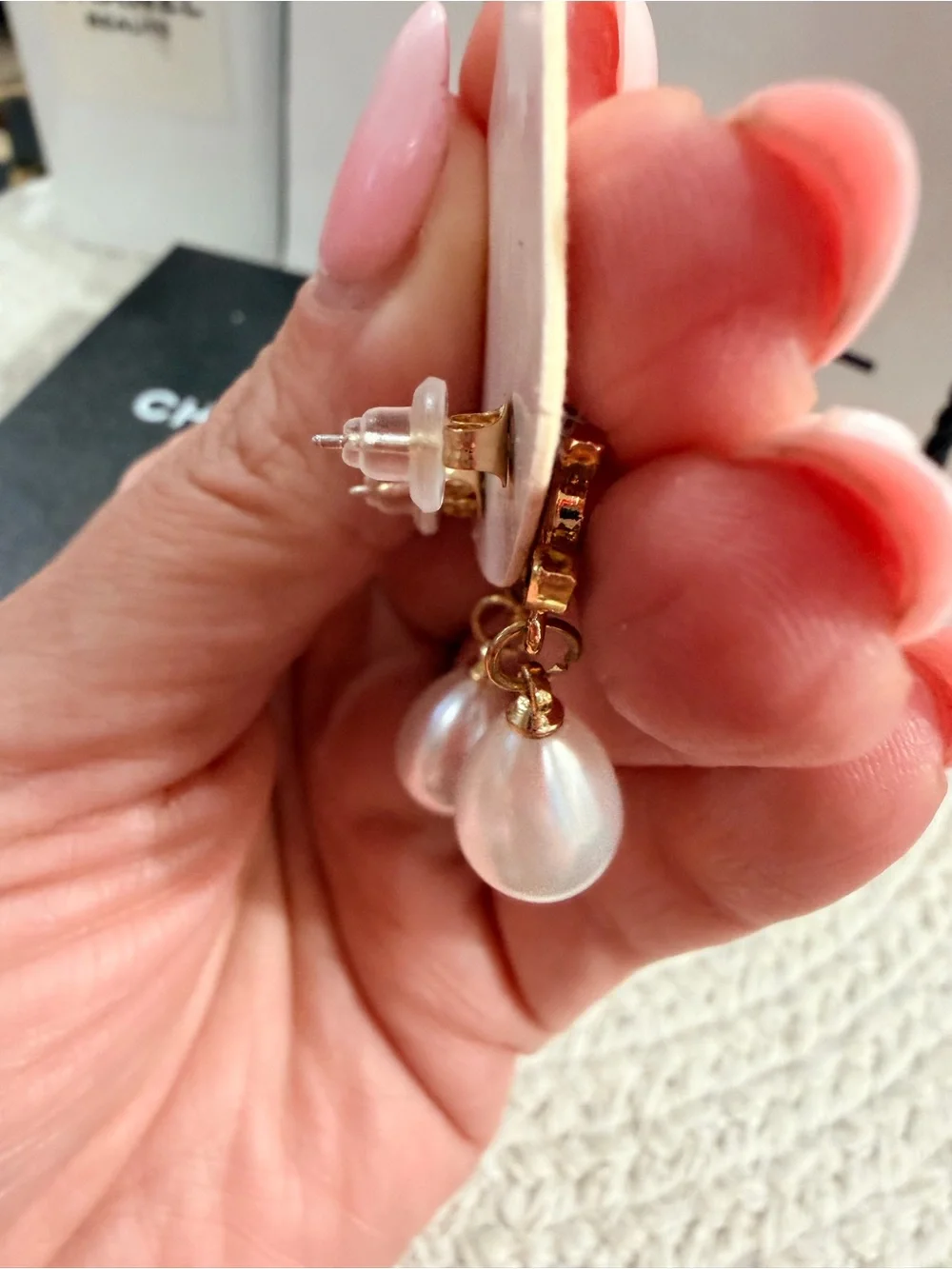 Black Enamel CC Faux Pearl Drop Earrings Gold Tone | New + Mini Storage Box